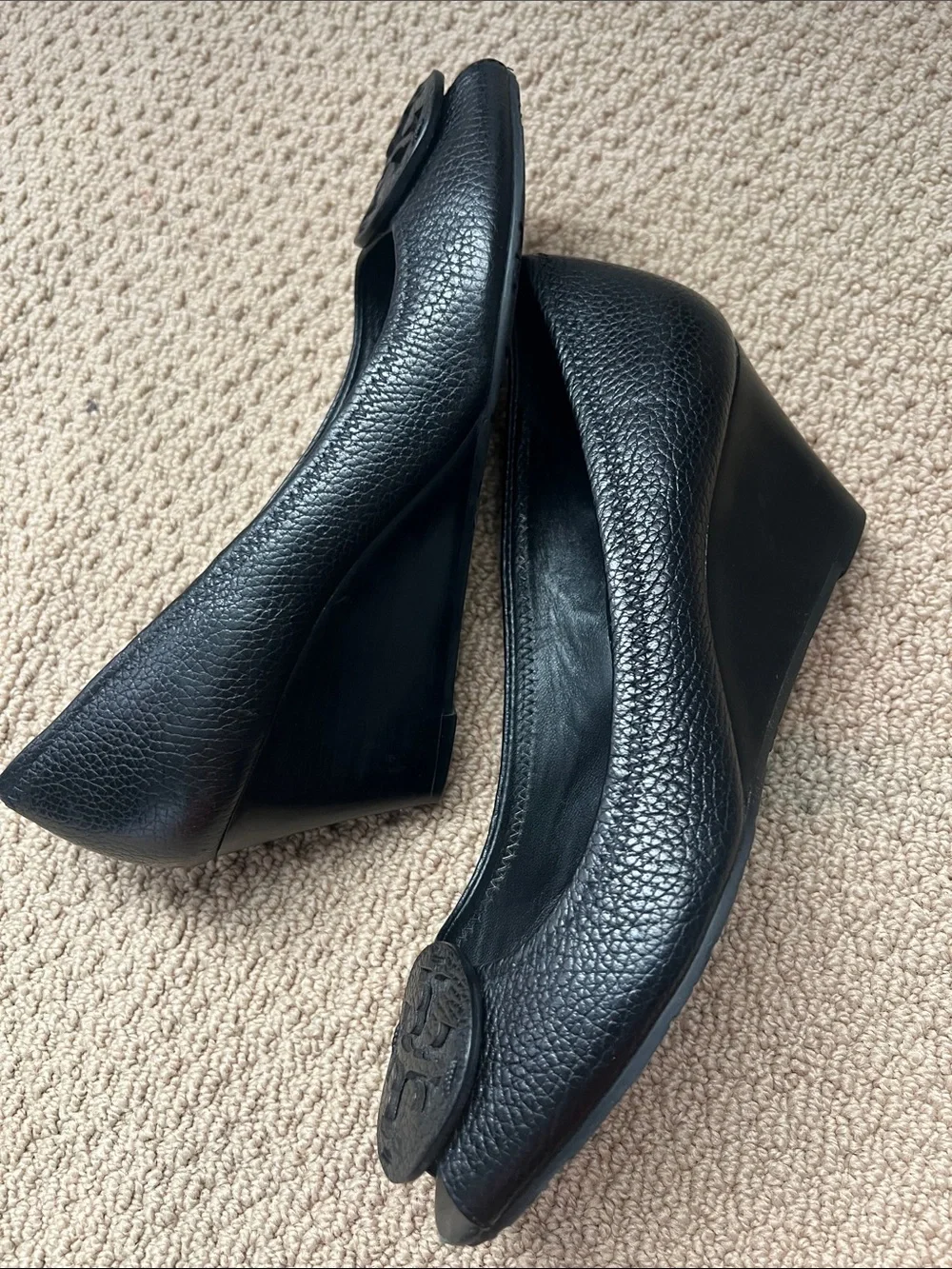 Tory Burch Black Pebbled Leather Wedge Pumps with Logo